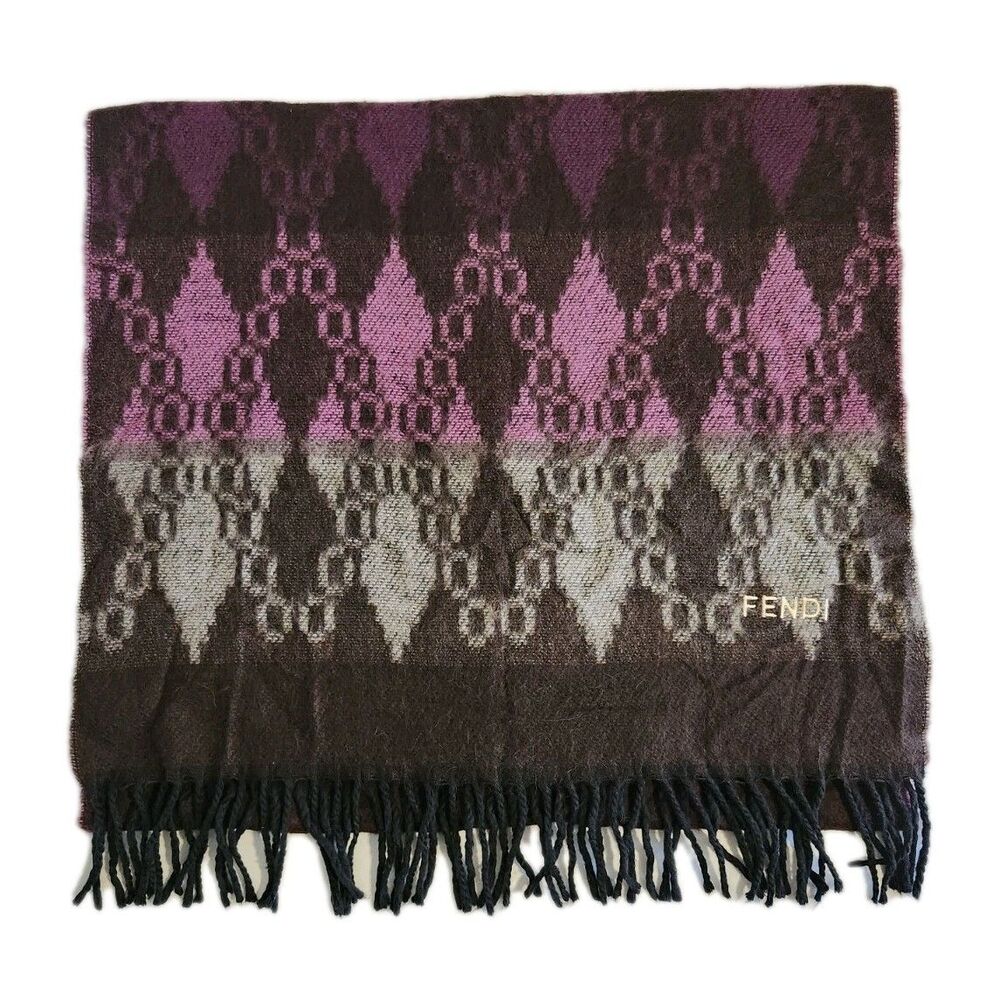 Fendi Acrylic Knit Multicolor Scarf 20x82 Deep Maroon Pink Purple Black Fringe